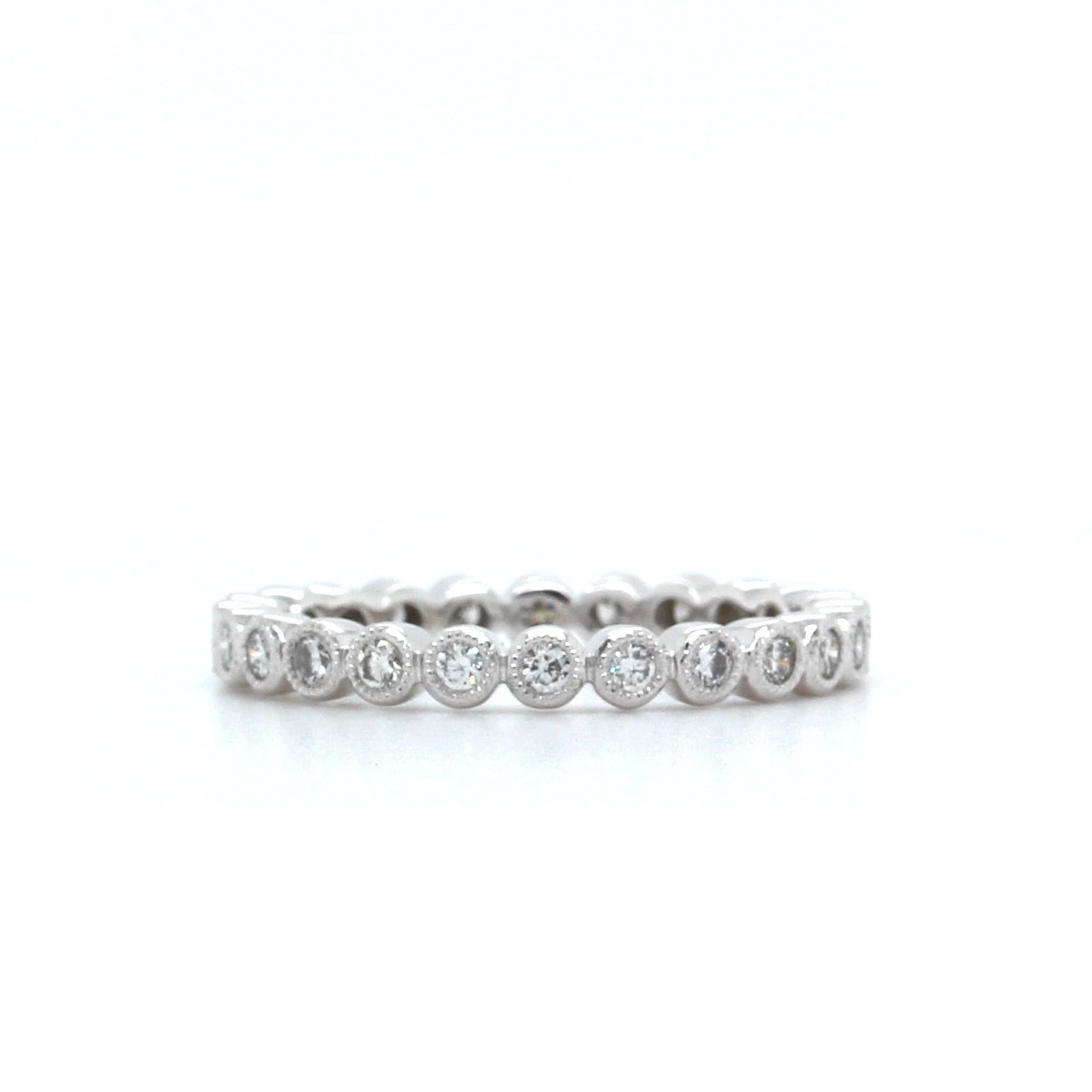 18K White Gold Bezel Set Diamond Eternity Band with Milgrain