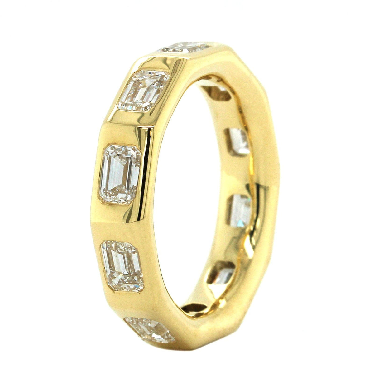 18K Yellow Gold Burnish Set Emerald Diamond Band, 18k yellow gold, Long's Jewelers