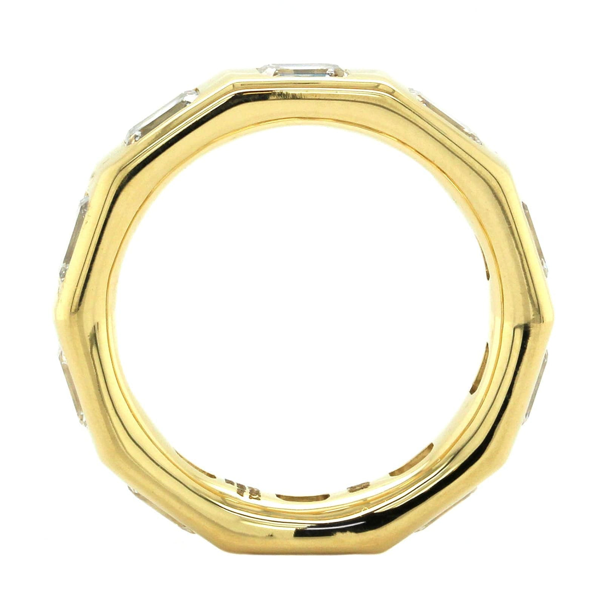 18K Yellow Gold Burnish Set Emerald Diamond Band, 18k yellow gold, Long's Jewelers