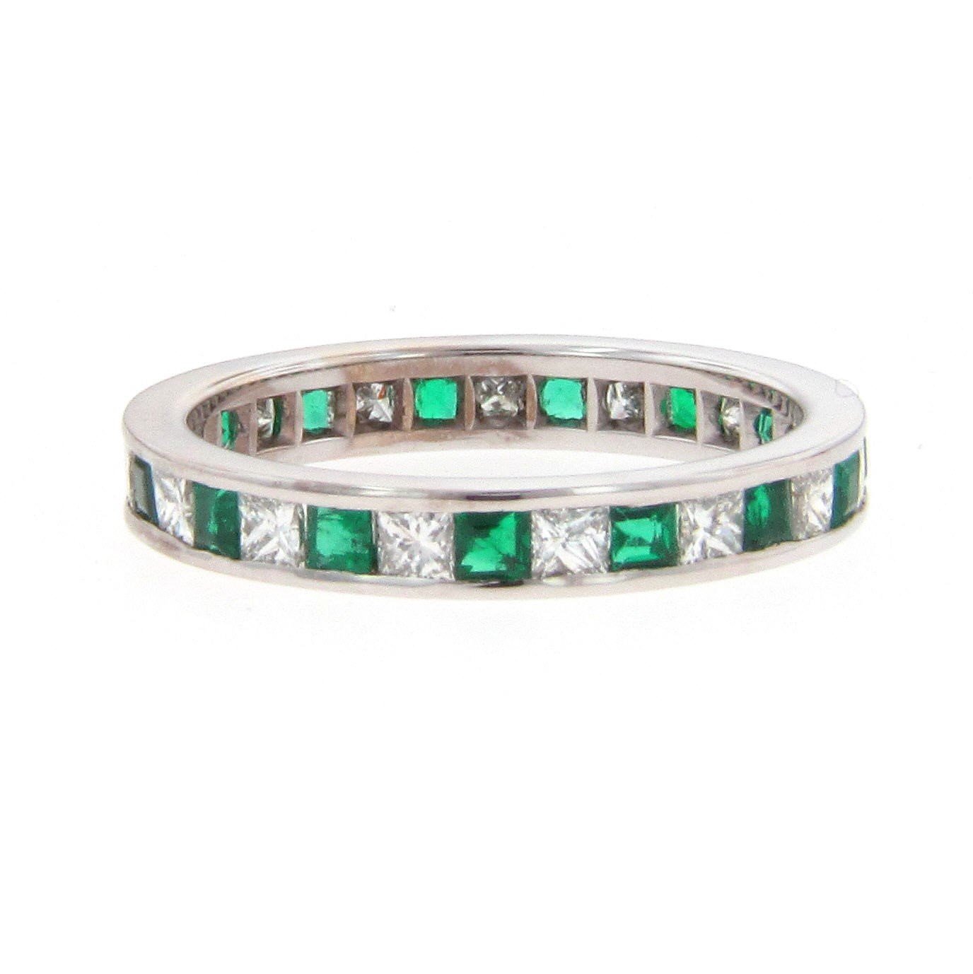 18K White Gold Diamond and Emerald Channel Set Band