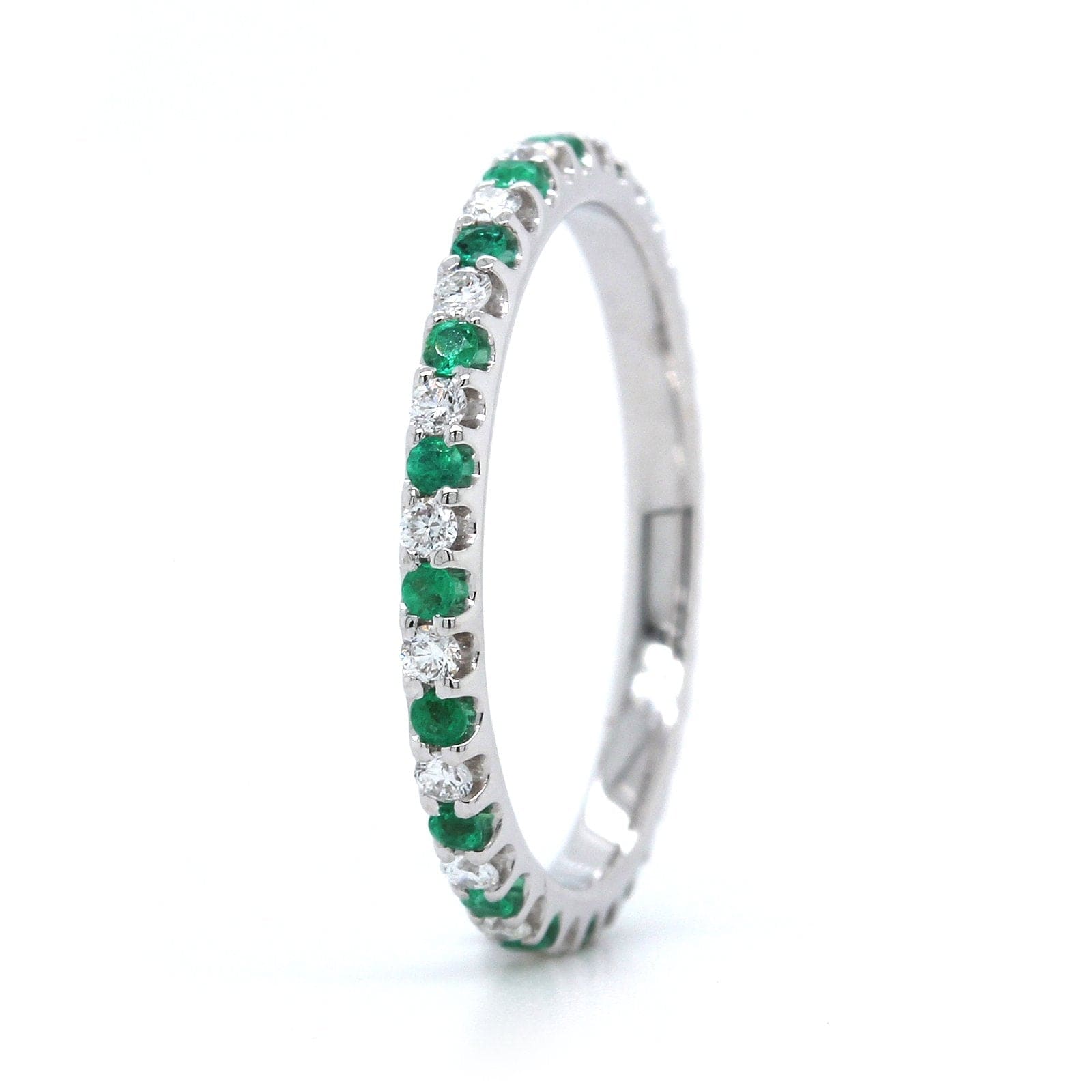 18K White Gold Shared Prong Diamond and Emerald Eternity Band