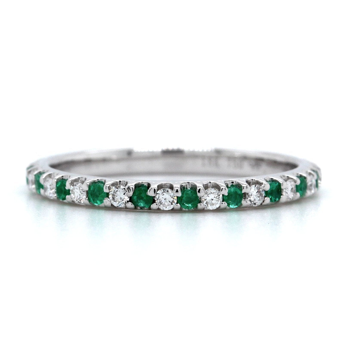 18K White Gold Shared Prong Diamond and Emerald Eternity Band