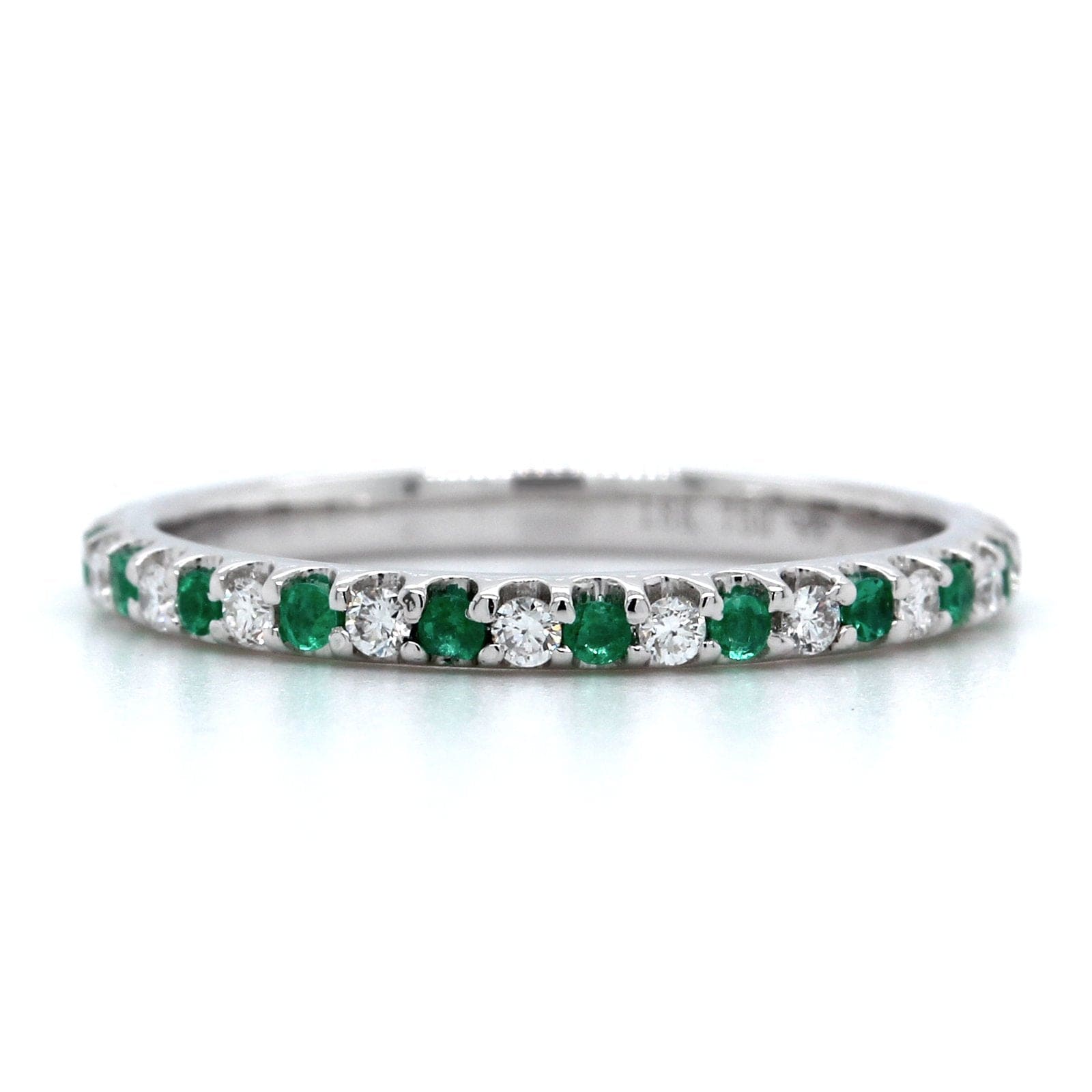 18K White Gold Shared Prong Diamond and Emerald Eternity Band