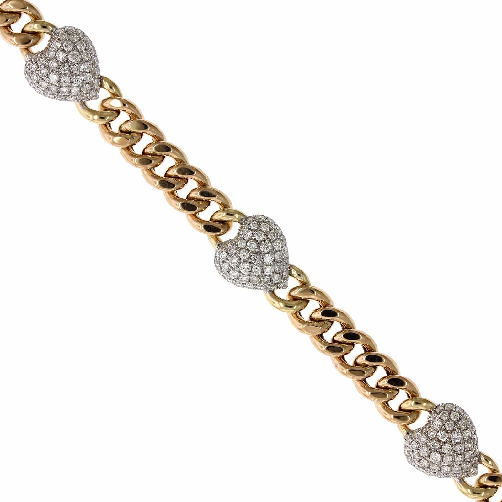 14K Yellow Gold Pave Diamond Heart Curb Link Bracelet