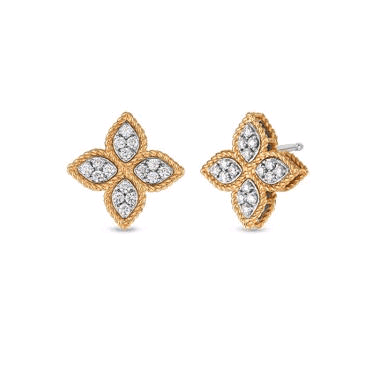 18K Rose and White Gold Flower Diamond Earrings
