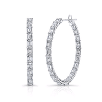 18K White Gold Emerald Cut Diamond Hoop Earrings