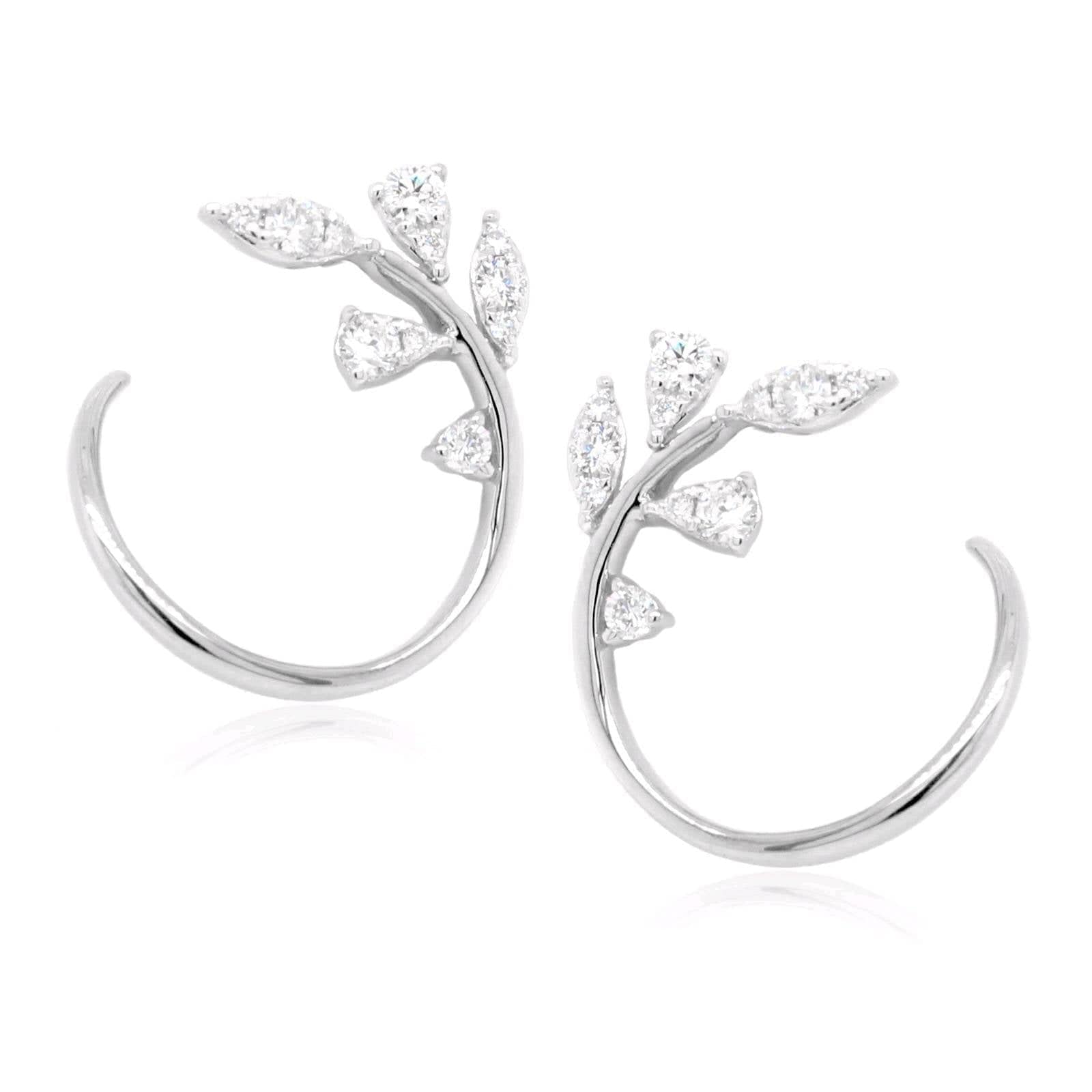 14K White Gold Open Leaf Diamond Earrings