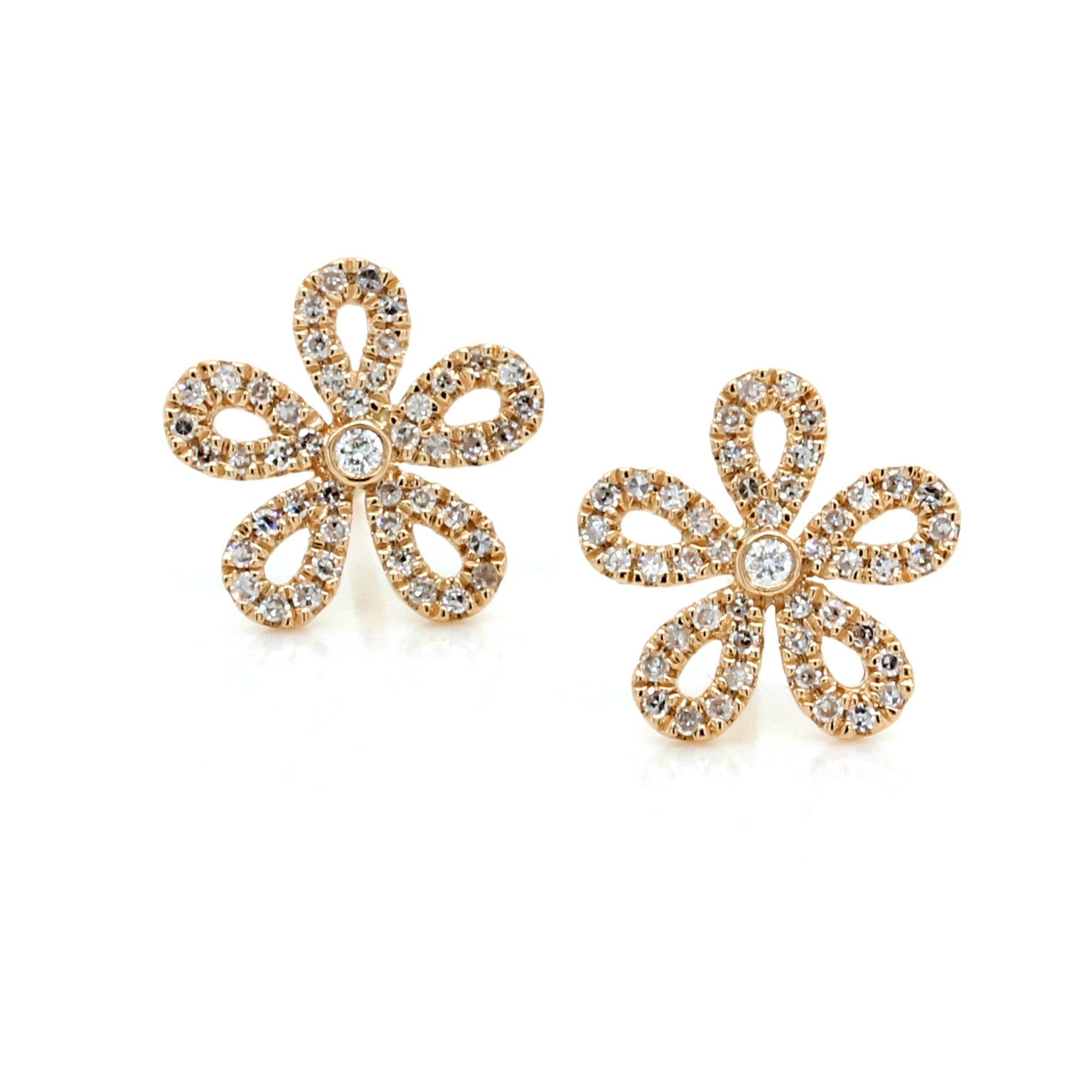 14K Rose Gold Diamond Pave Flower Stud Earrings