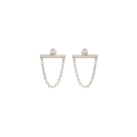 14K White Gold Diamond Bar with Hanging Chain Drop Earrings