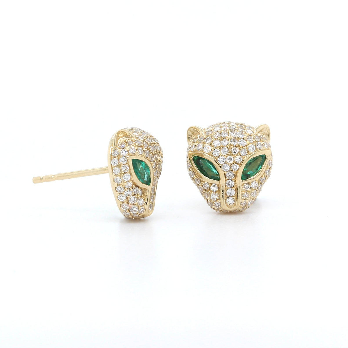 14K Yellow Gold Panther Diamond and Emerald Stud Earrings