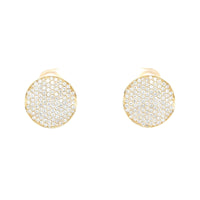 18K Yellow Gold Pave Diamond Round Disc Stud Earrings