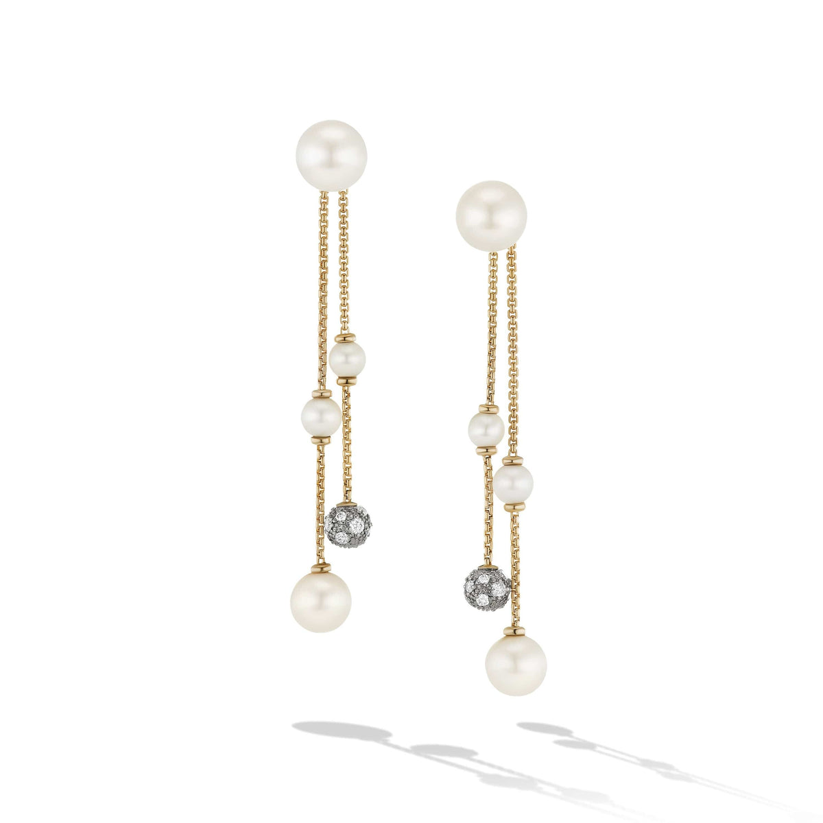 Pearl and Pavé Two Row Drop Earrings in 18K Yellow Gold with Diamonds