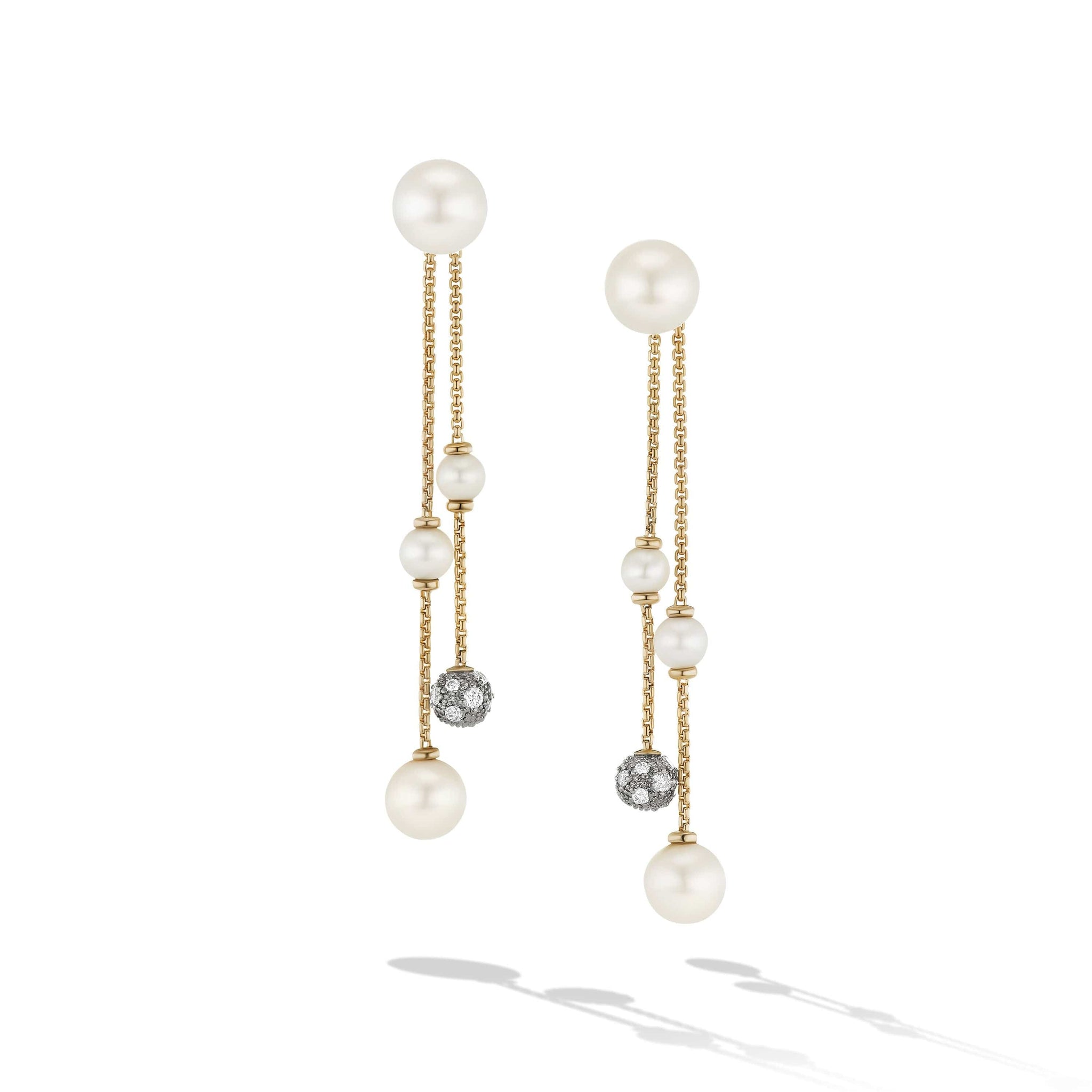 Pearl and Pavé Two Row Drop Earrings in 18K Yellow Gold with Diamonds