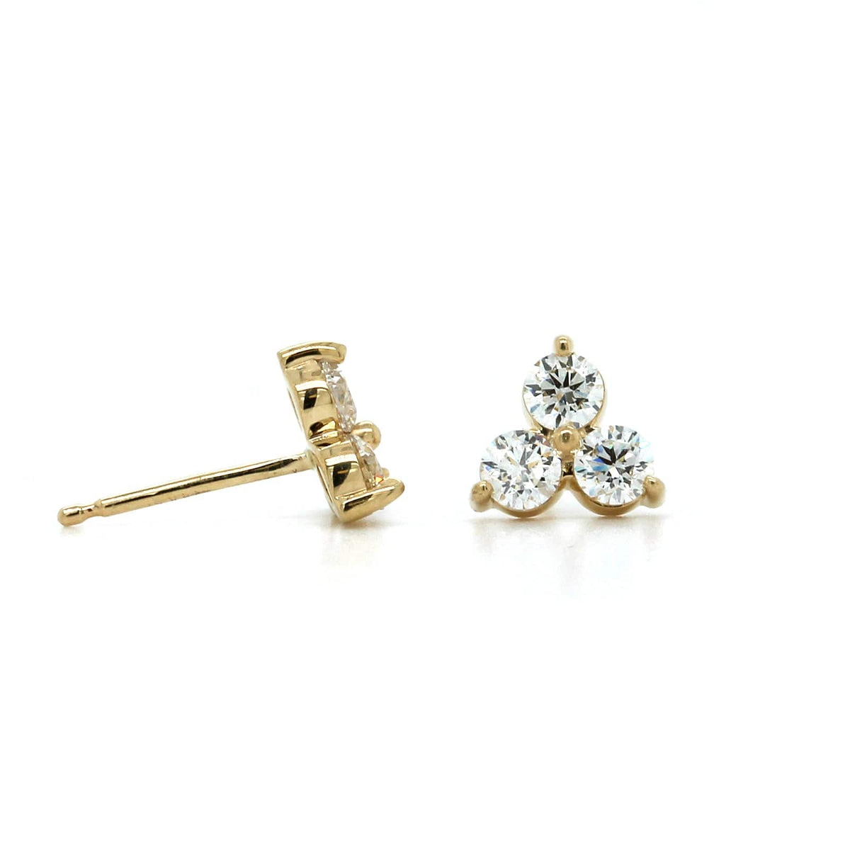 14K Yellow Gold Three Stone Diamond Cluster Stud Earrings