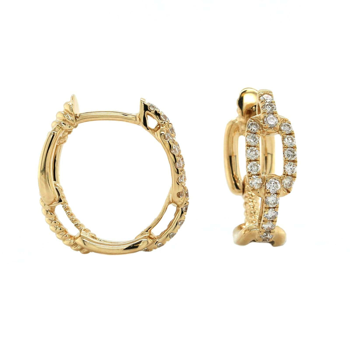 14K Yellow Gold Link Design Diamond Huggie Earrings, 14k yellow gold, Long's Jewelers