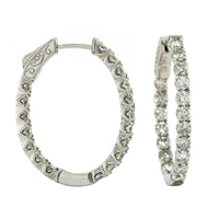 14K White Gold Oval Shape Inside Outside Diamond Hoop Earrings