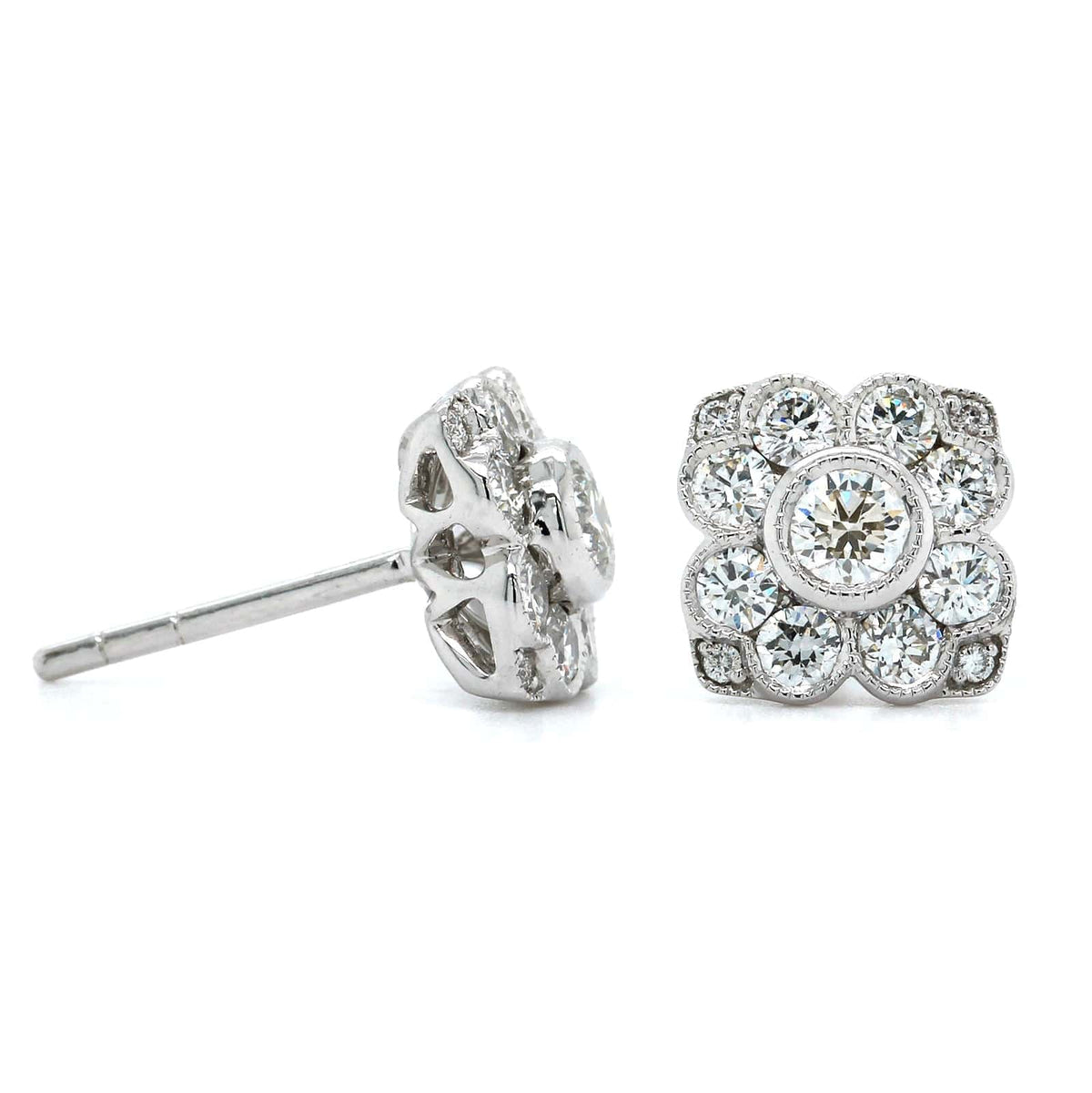18K White Gold Flower Diamond Milgrain Stud Earrings, 18k white gold, Long's Jewelers