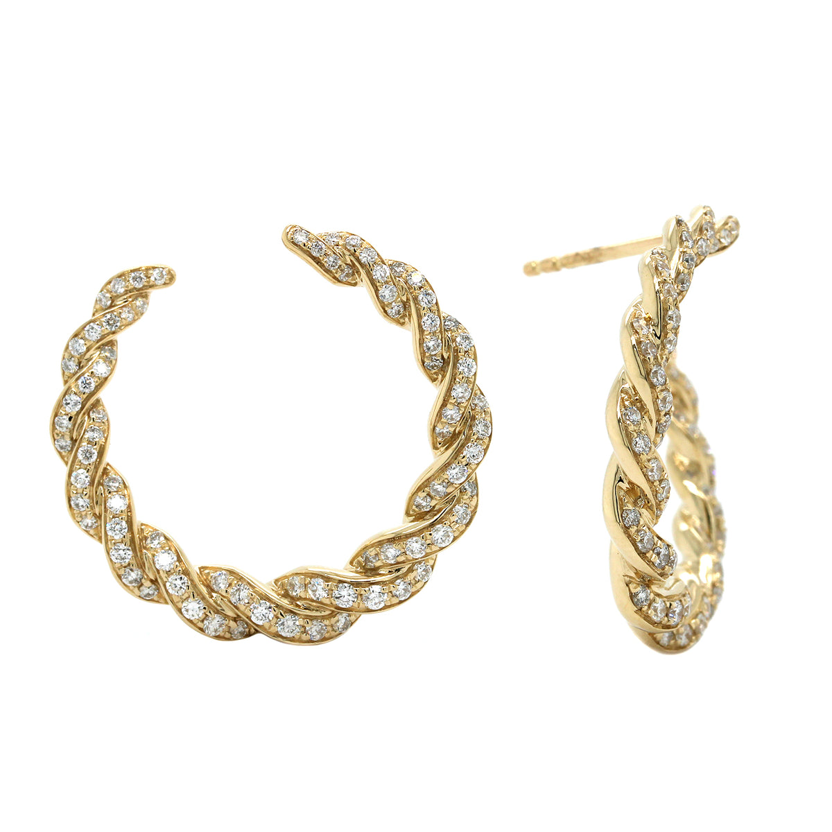14K Yellow Gold Diamond Twist Hoop Earrings