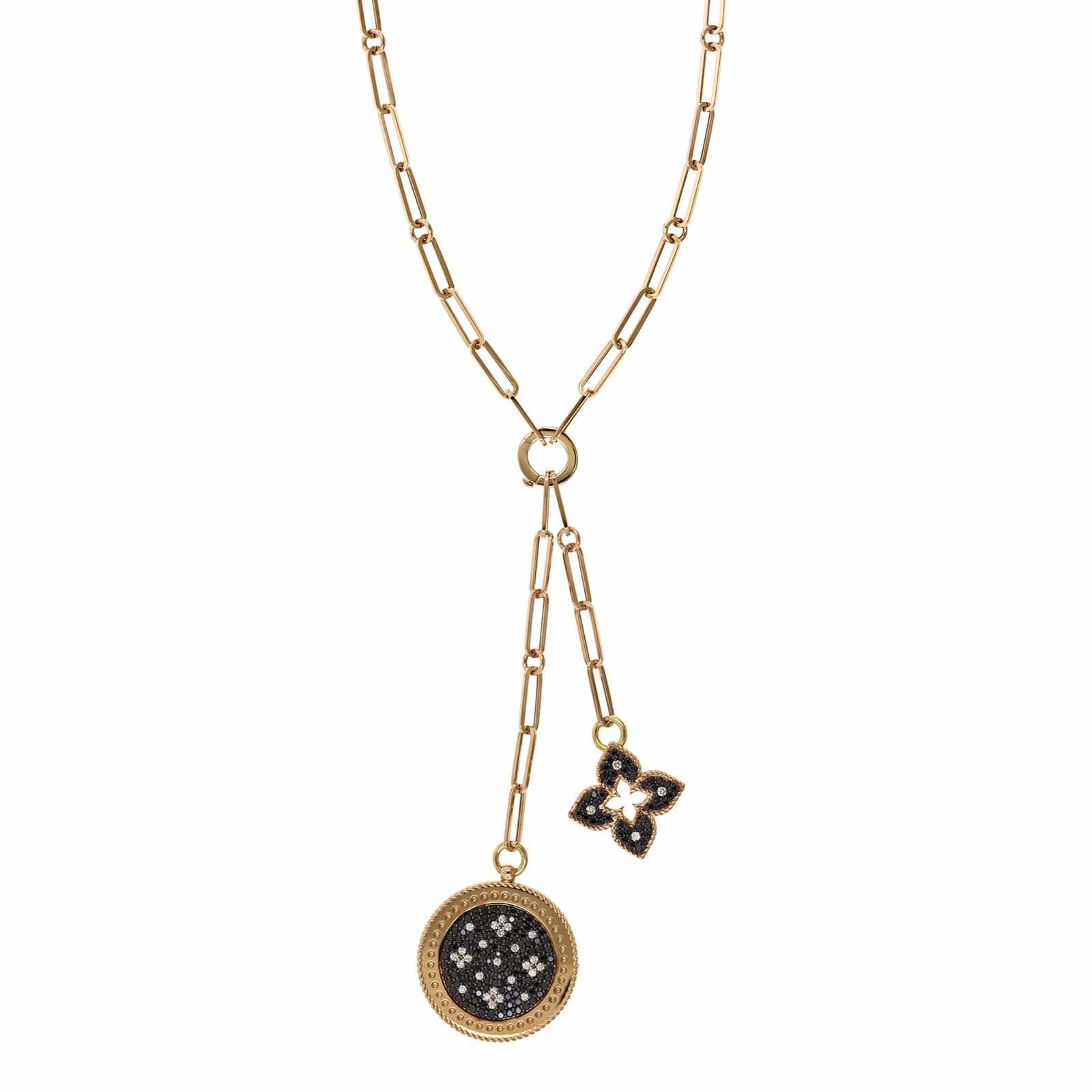 18K Rose Gold Venetian Double Medallion Black Diamond Necklace