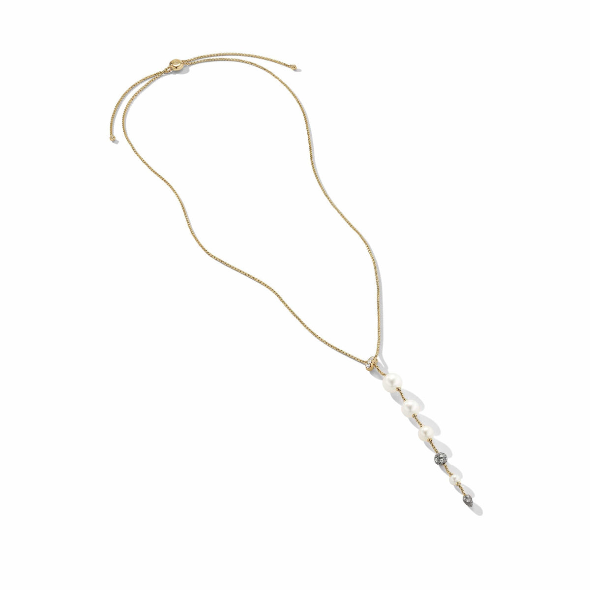 Pearl and Pavé Y Necklace in 18K Yellow Gold with Diamonds