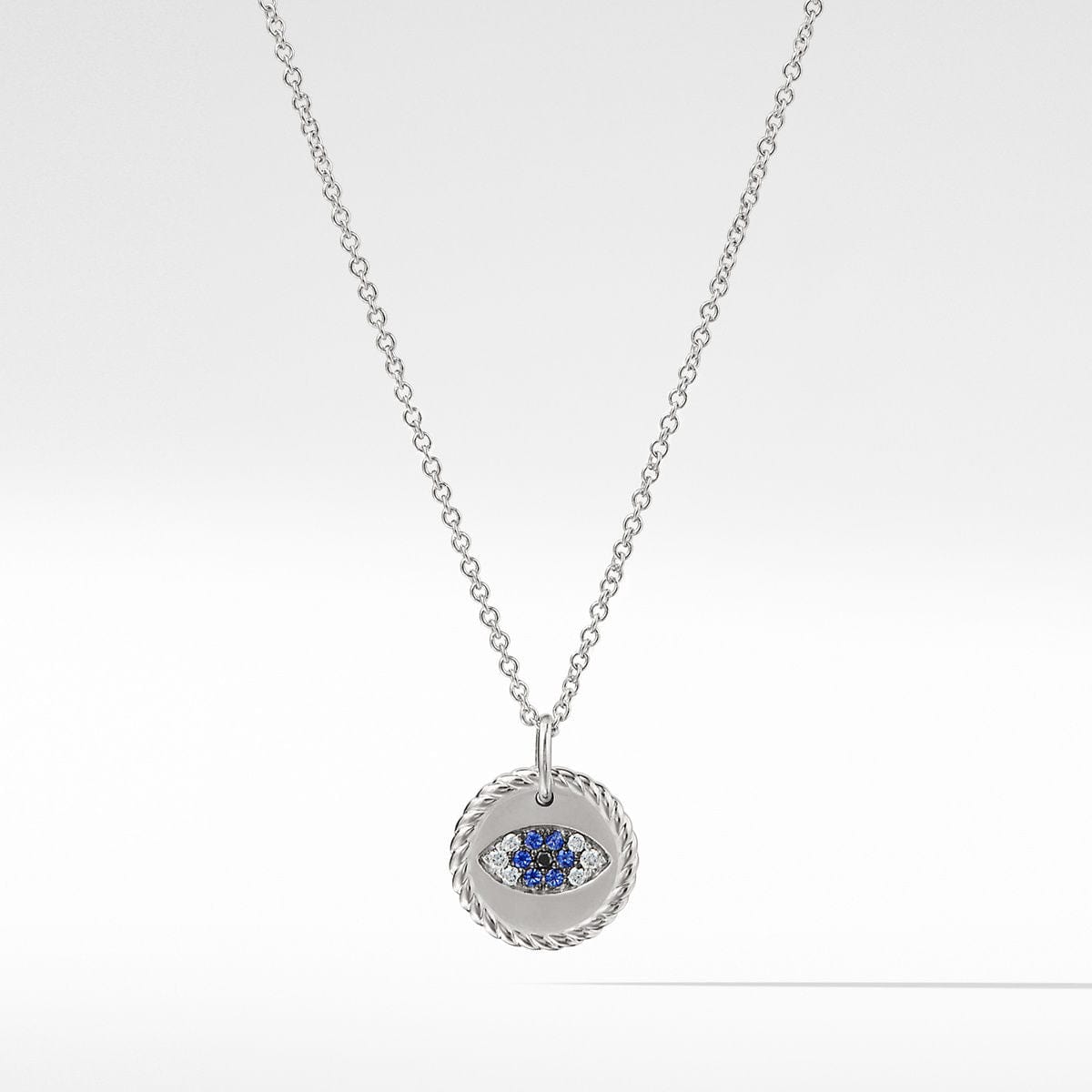 Cable Collectibles Evil Eye Necklace with Diamonds and Light Blue Sapphires in 18K White Gold Long's Jewelers
