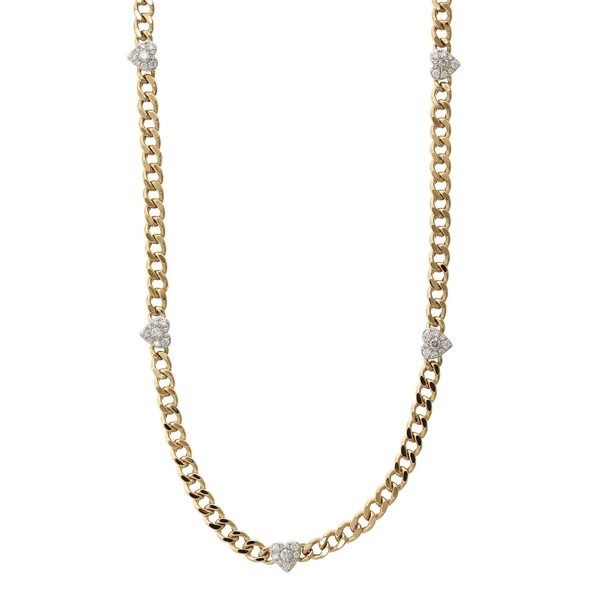 14K Yellow Gold Curb Link Diamond Heart Station Necklace, 14k white gold, Long's Jewelers