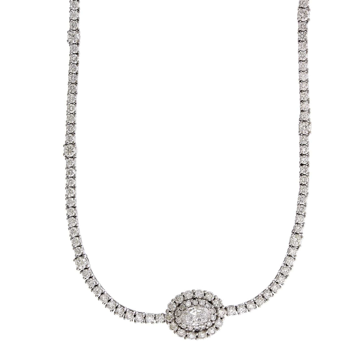 18K White Gold Oval Center Diamond Line Necklace