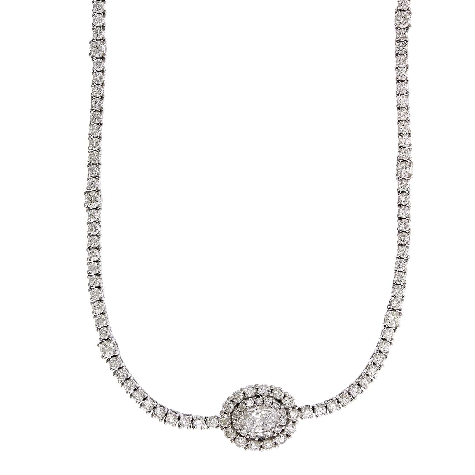 18K White Gold Oval Center Diamond Line Necklace