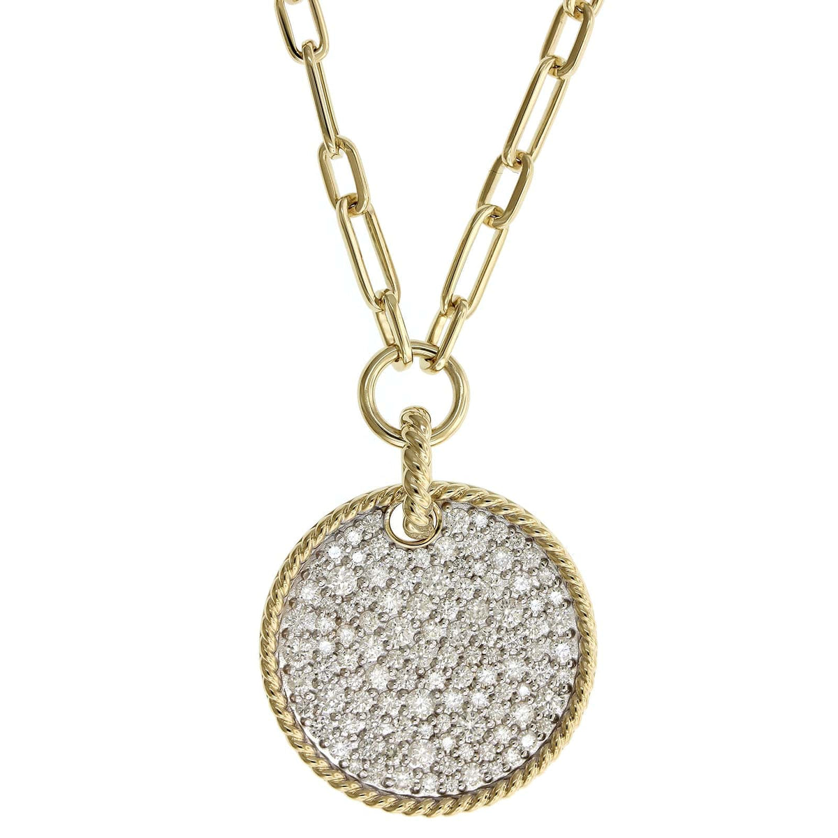 14K Yellow Gold Pave Diamond Disc Paperclip Necklace