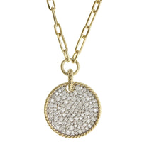 14K Yellow Gold Pave Diamond Disc Paperclip Necklace