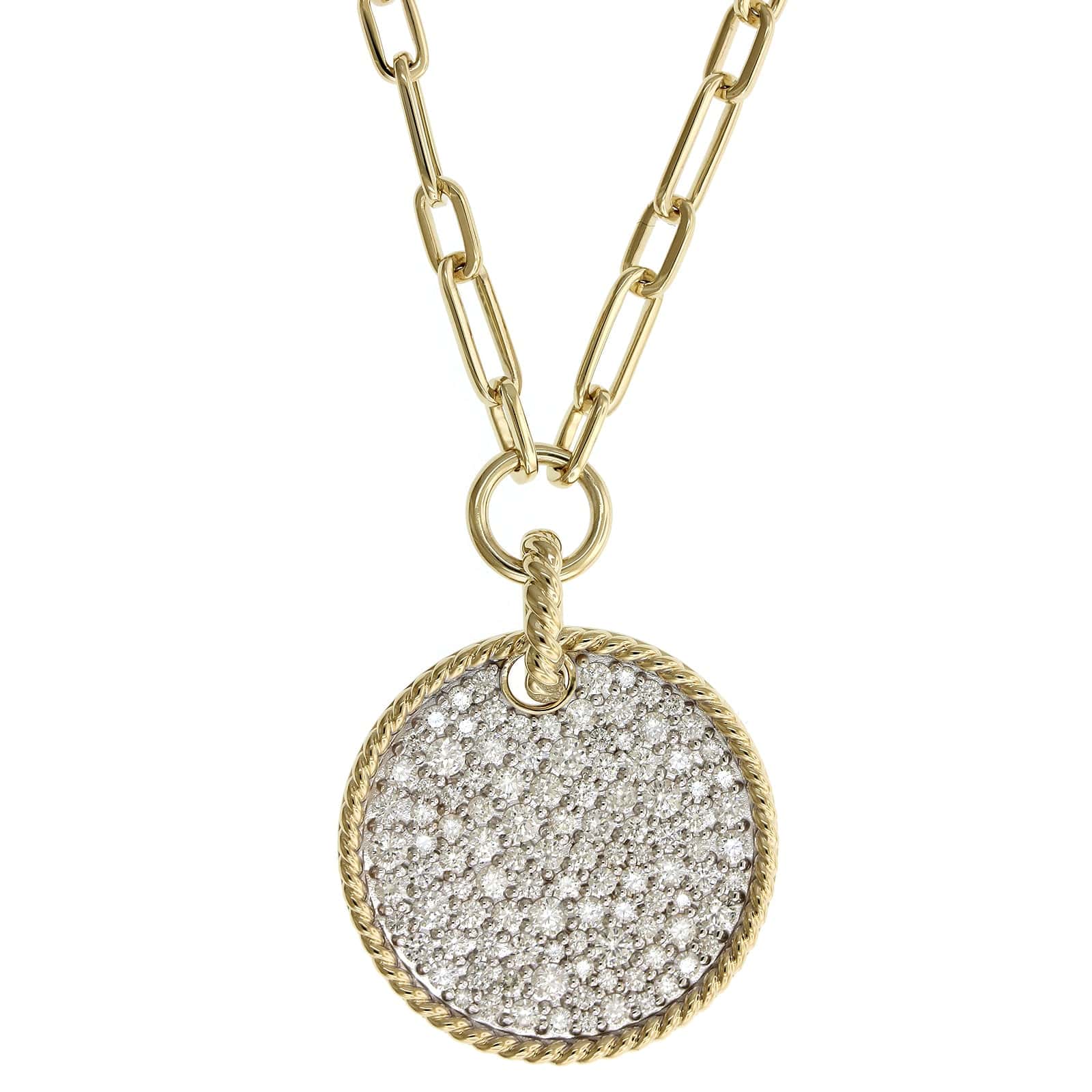 14K Yellow Gold Pave Diamond Disc Paperclip Necklace