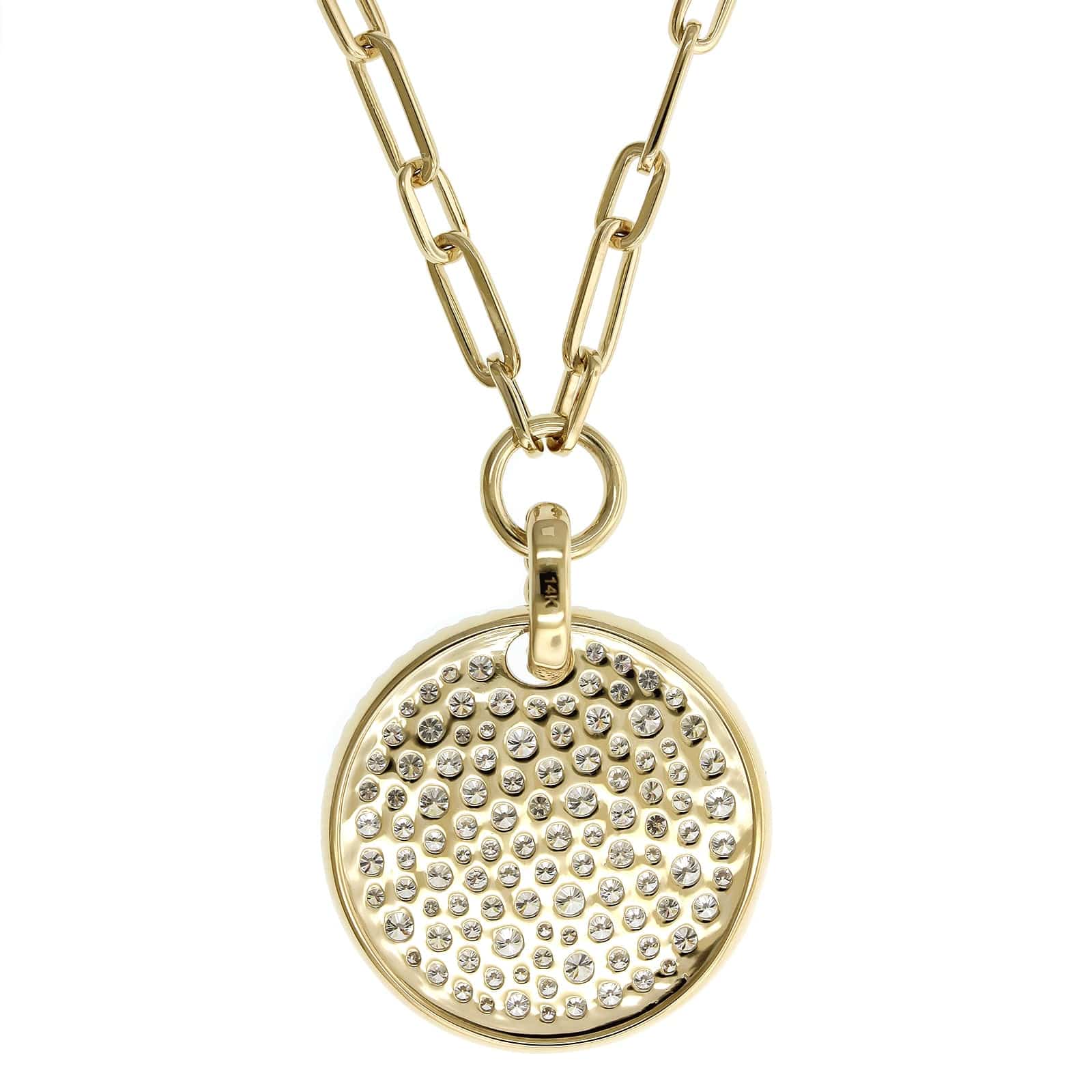 14K Yellow Gold Pave Diamond Disc Paperclip Necklace