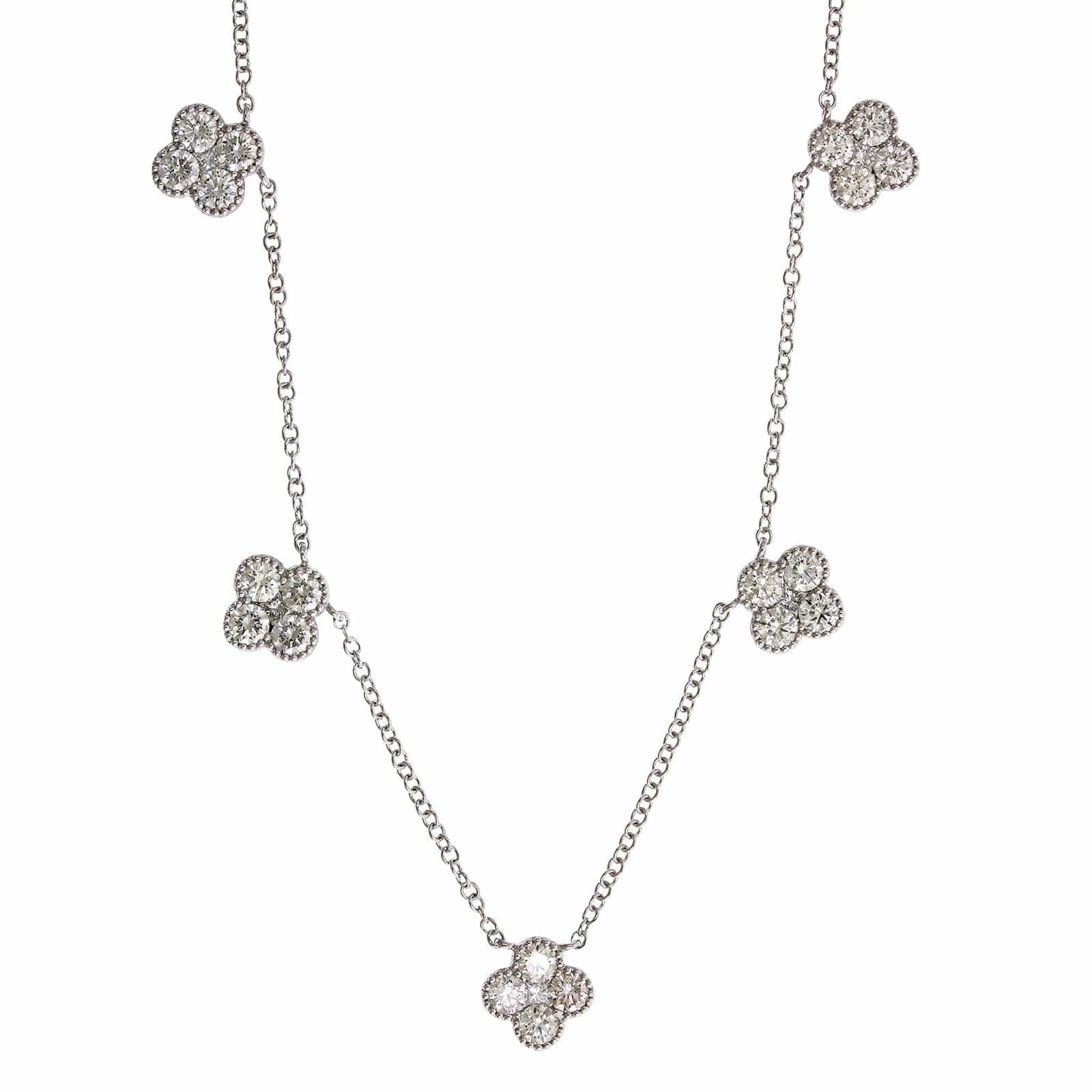 14K White Gold 5 Diamond Clover Station Necklace