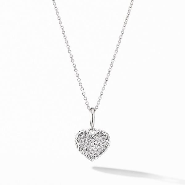 Cable Collectibles® Pavé Plate Heart Charm Necklace in 18K White Gold