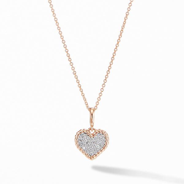 Cable Collectibles® Pavé Plate Heart Charm Necklace in 18K Rose Gold