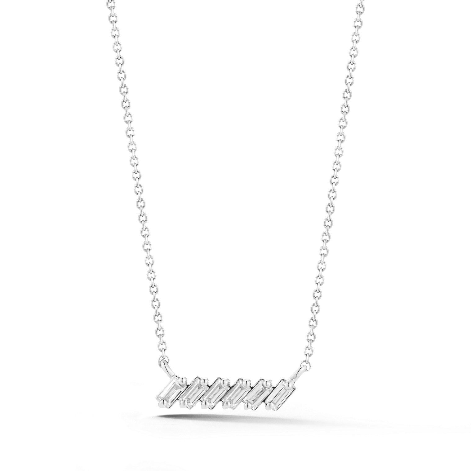 14K White Gold Baguette Diamond Slope Bar Necklace