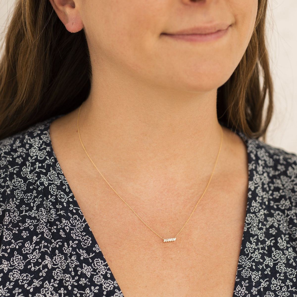 14K Yellow Gold Baguette Diamond  Bar Slope Necklace