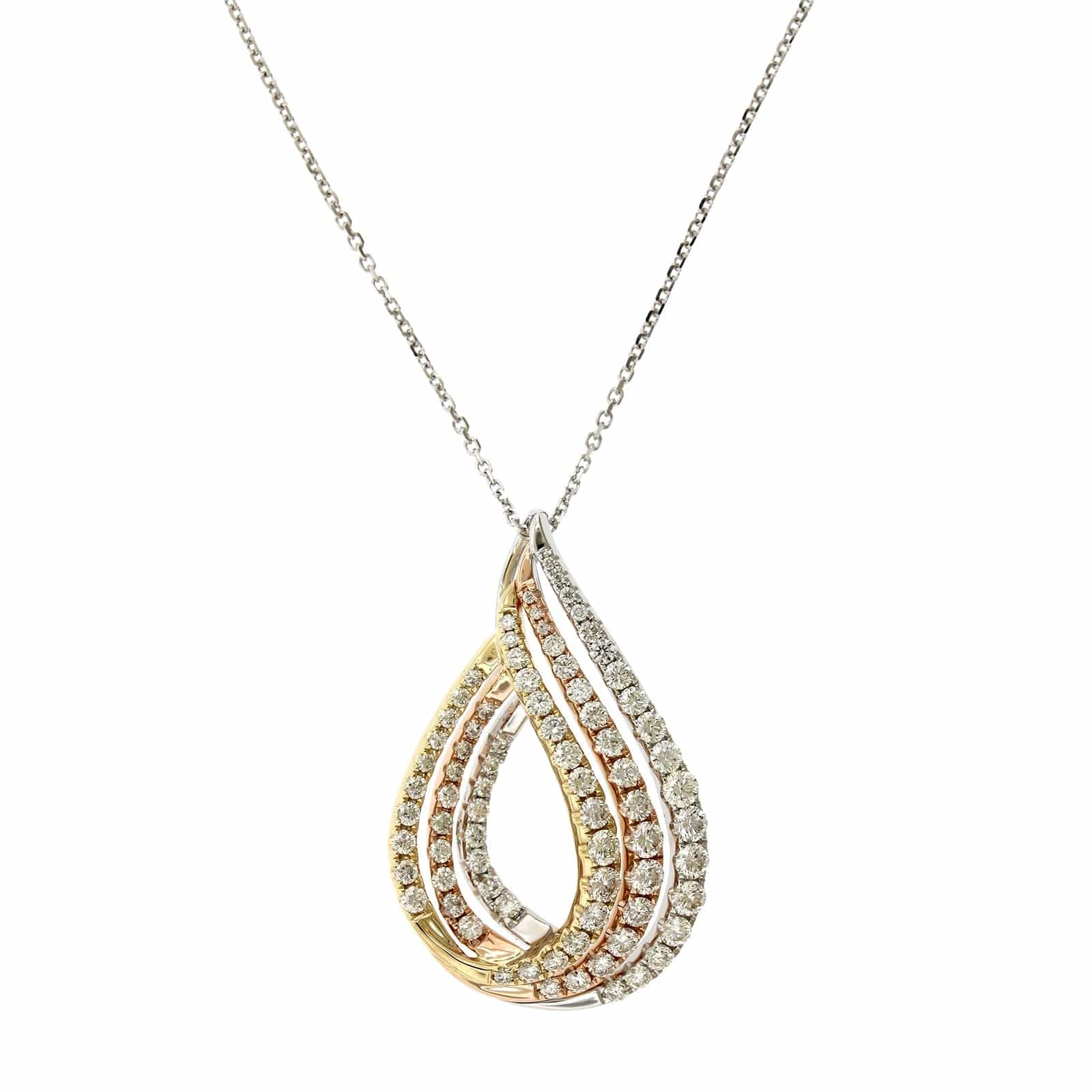 14K Tri-Color Teardrop Shape Diamond Necklace, 14k yellow, white and rose, Long's Jewelers