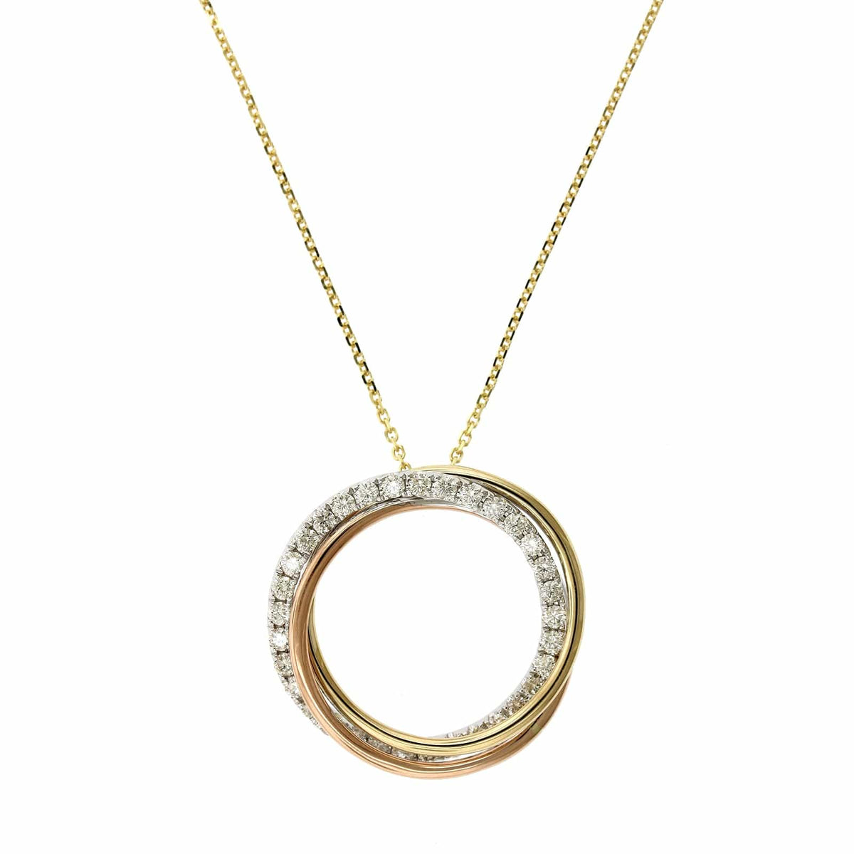 14K Tri-Color Twist Circle Diamond Necklace