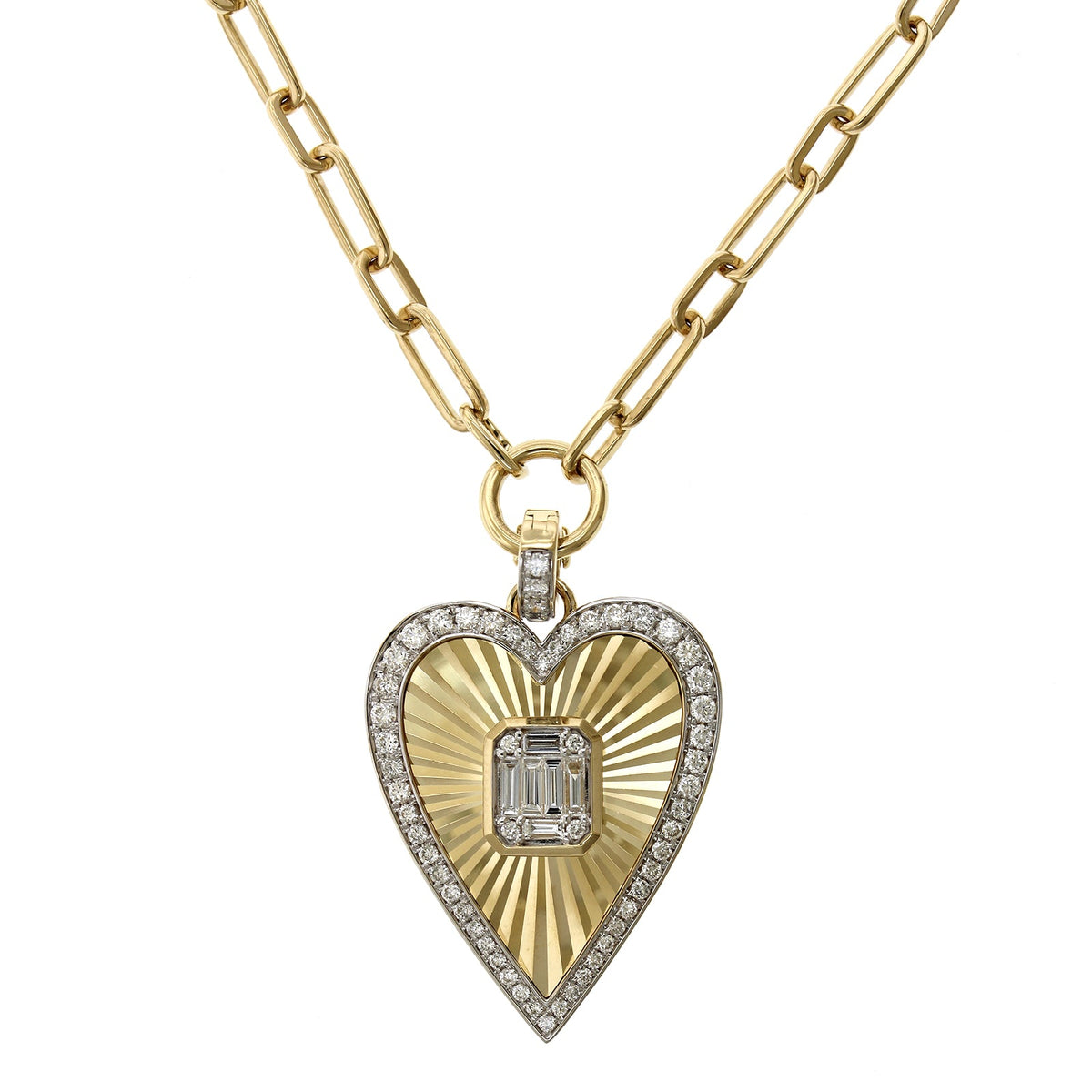 14K Yellow Paperclip Diamond Heart Fluted Pendant, 14k white gold, Long's Jewelers