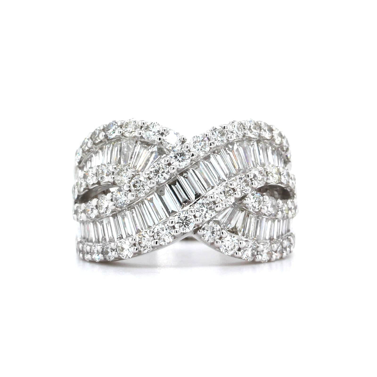18K White Gold Crossed Baguette Diamond Band