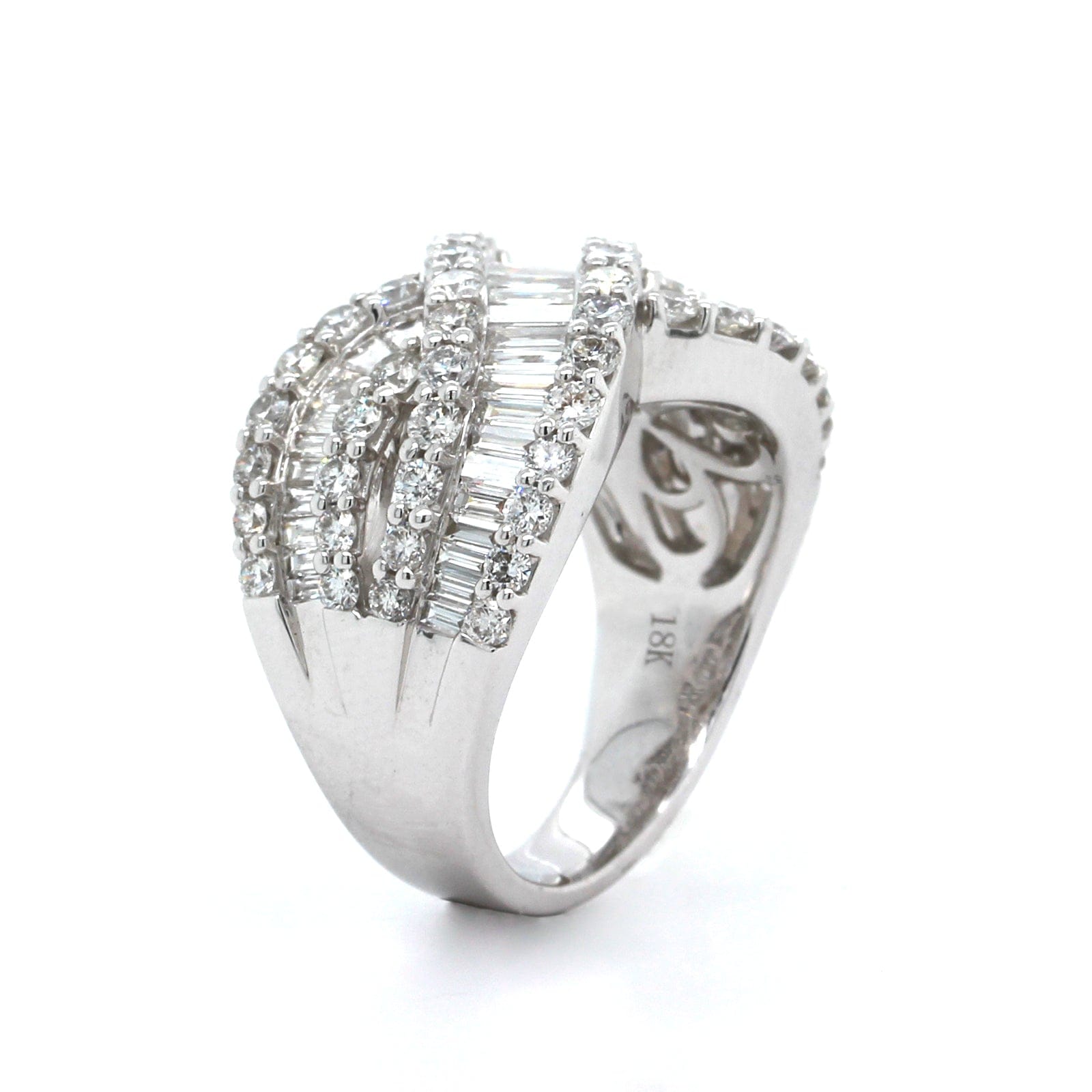18K White Gold Crossed Baguette Diamond Band