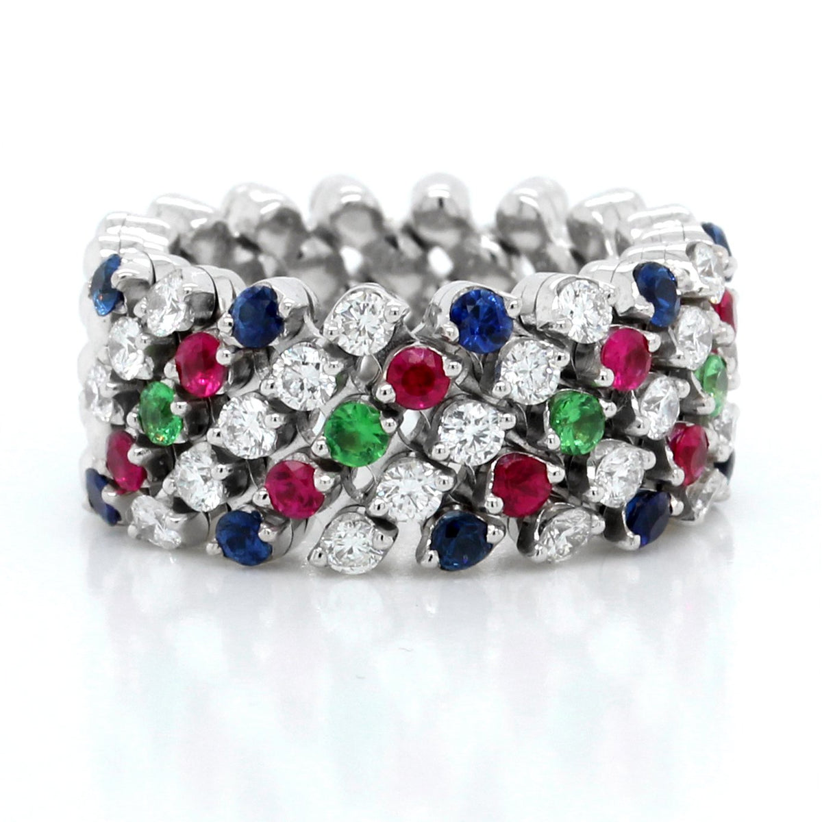 18K White Gold Diamond, Sapphire, Ruby and Tsavorite Ring
