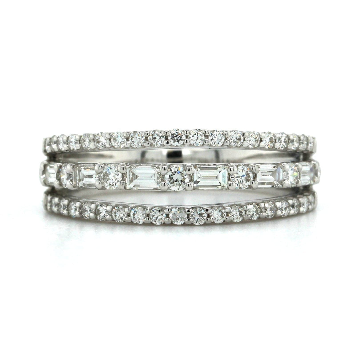 14K White Gold 3 Row Round and Baguette Diamond Ring, 14k white gold, Long's Jewelers