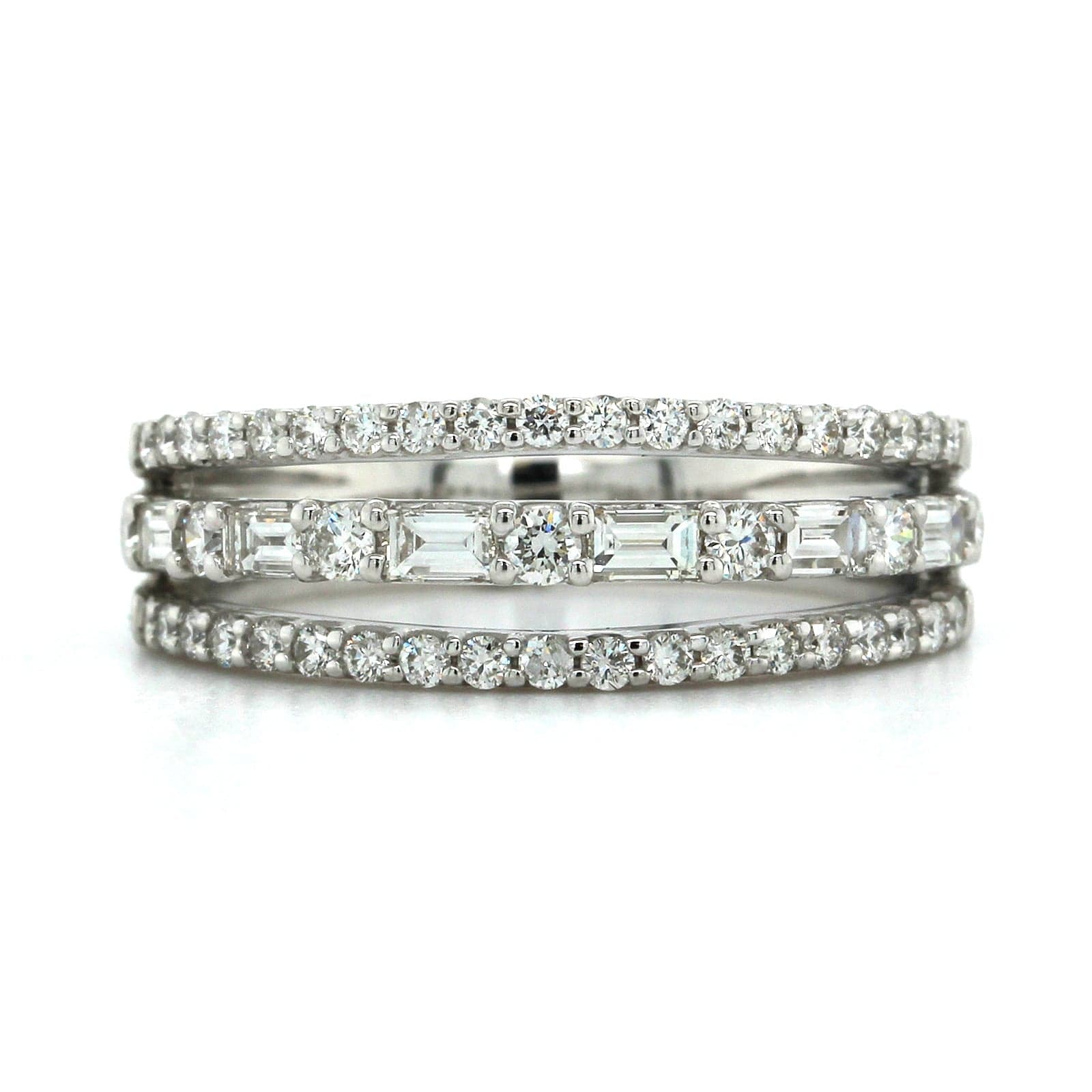 14K White Gold 3 Row Round and Baguette Diamond Ring, 14k white gold, Long's Jewelers