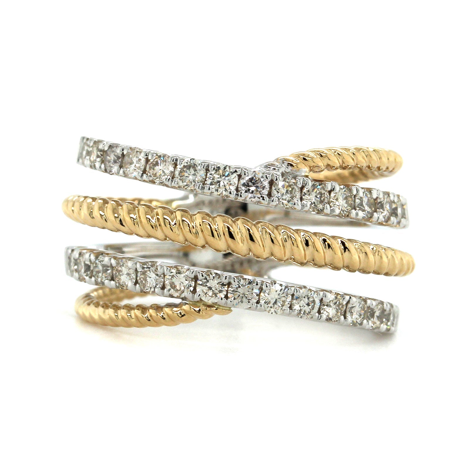 14K Two-Tone Gold 4 Row Twist Diamond Ring, 14k yellow and white gold, Long's Jewelers