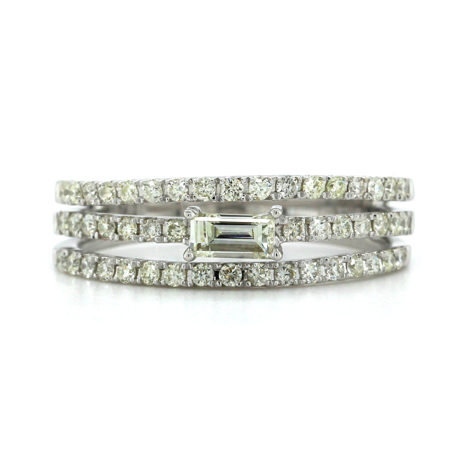 14K White Gold 3 Row Round Baguette Center Diamond Ring, 14k white gold, Long's Jewelers
