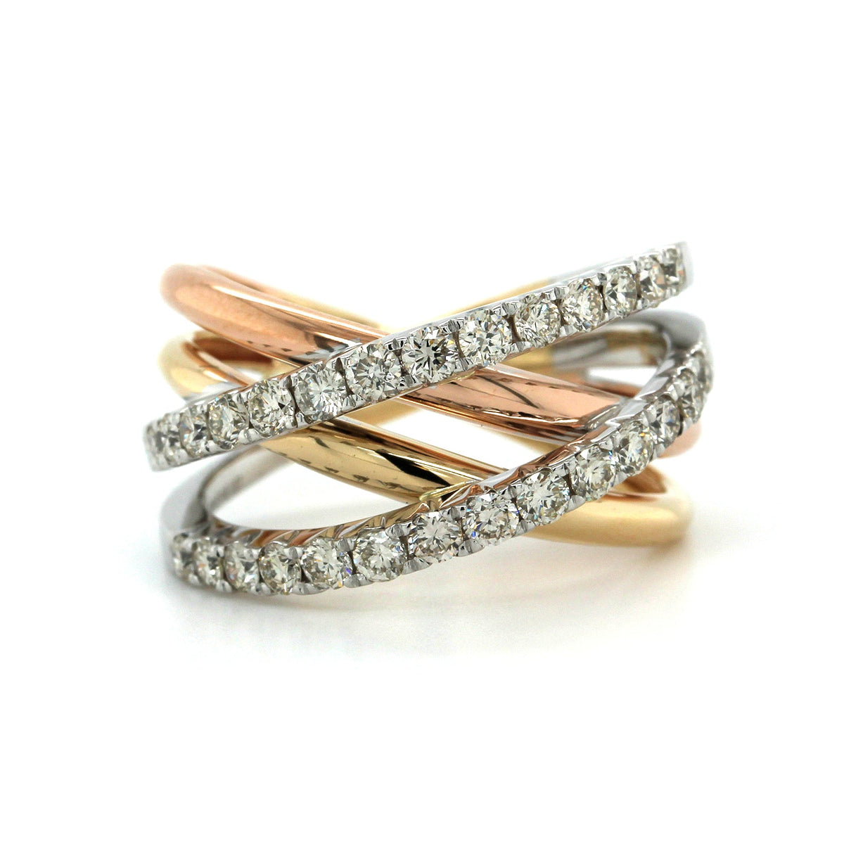 14K Tri-Color Criss Cross Diamond Ring, 14k yellow, white and rose gold, Long's Jewelers