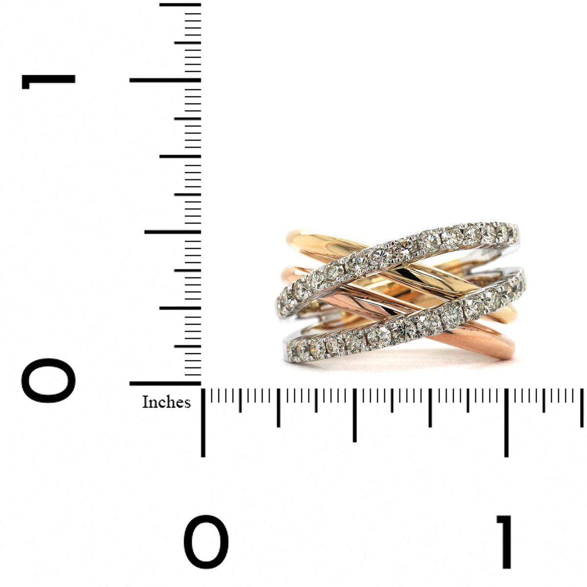 14K Tri-Color Criss Cross Diamond Ring, 14k yellow, white and rose gold, Long's Jewelers