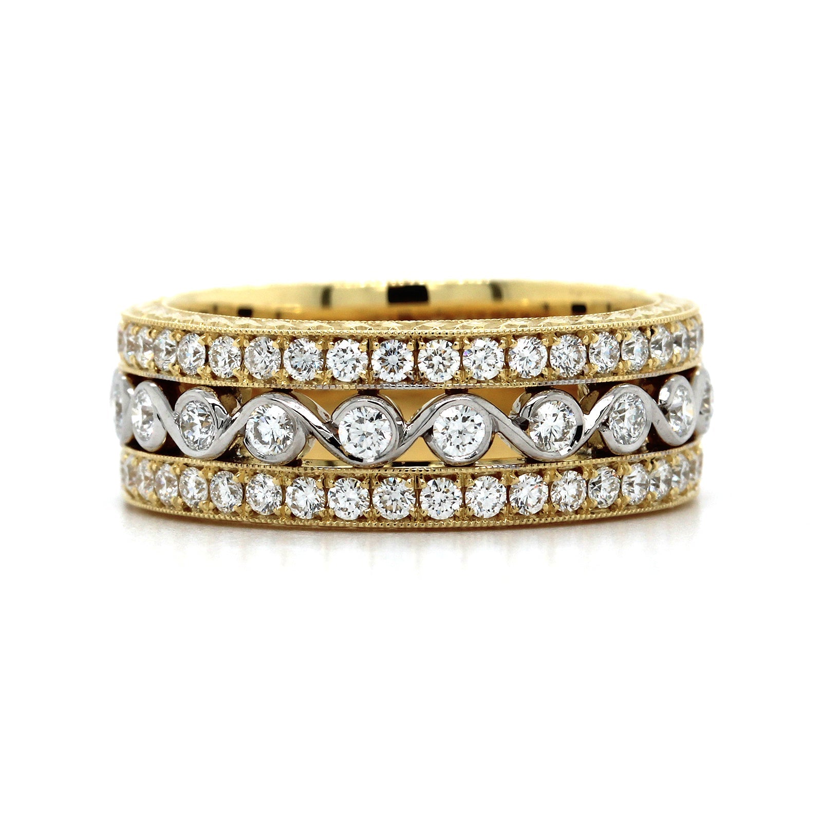 18K Two-Tone Diamond Semi Bezel Band, 18k yellow and white gold, Long's Jewelers